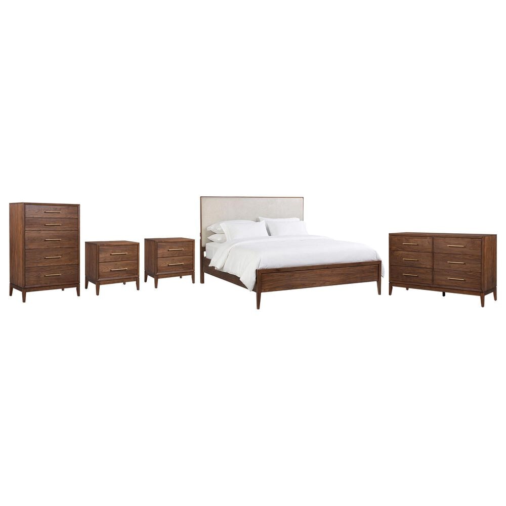 Riva Ridge Jasper 5 Piece California King Upholstered Panel Bedroom Set in Modern Walnut, , large