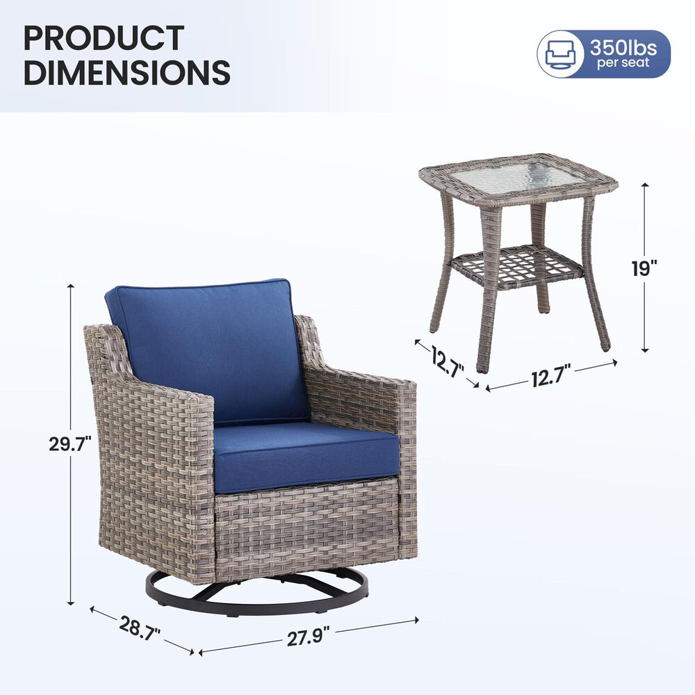 Hearth and Haven 3-Piece Outdoor Wicker Swivel Chair Set with 19" Side Table in Blue, , large