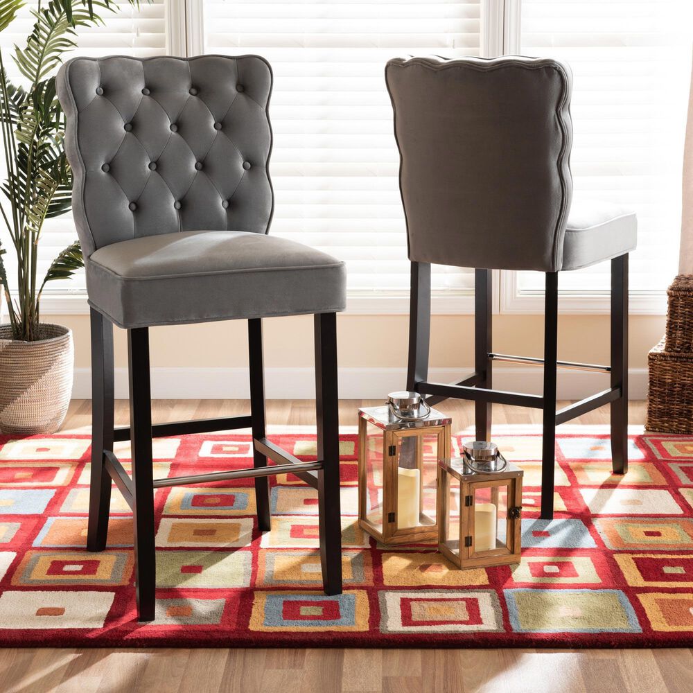 Baxton Studio Daphne Bar Stool with Dark Grey Velvet Cushion in Dark Brown (Set of 2), , large