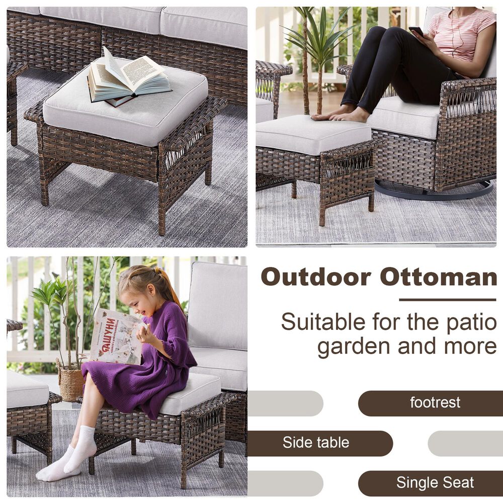 Sunwell Garden Outdoor Ottoman with Beige Cushion in Brown (Set of 2), , large