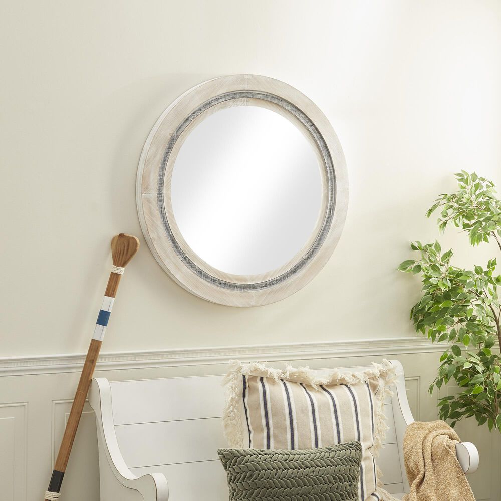 Maple and Jade 34&quot; Round Wall Mirror in Distressed White and Dark Gray, , large