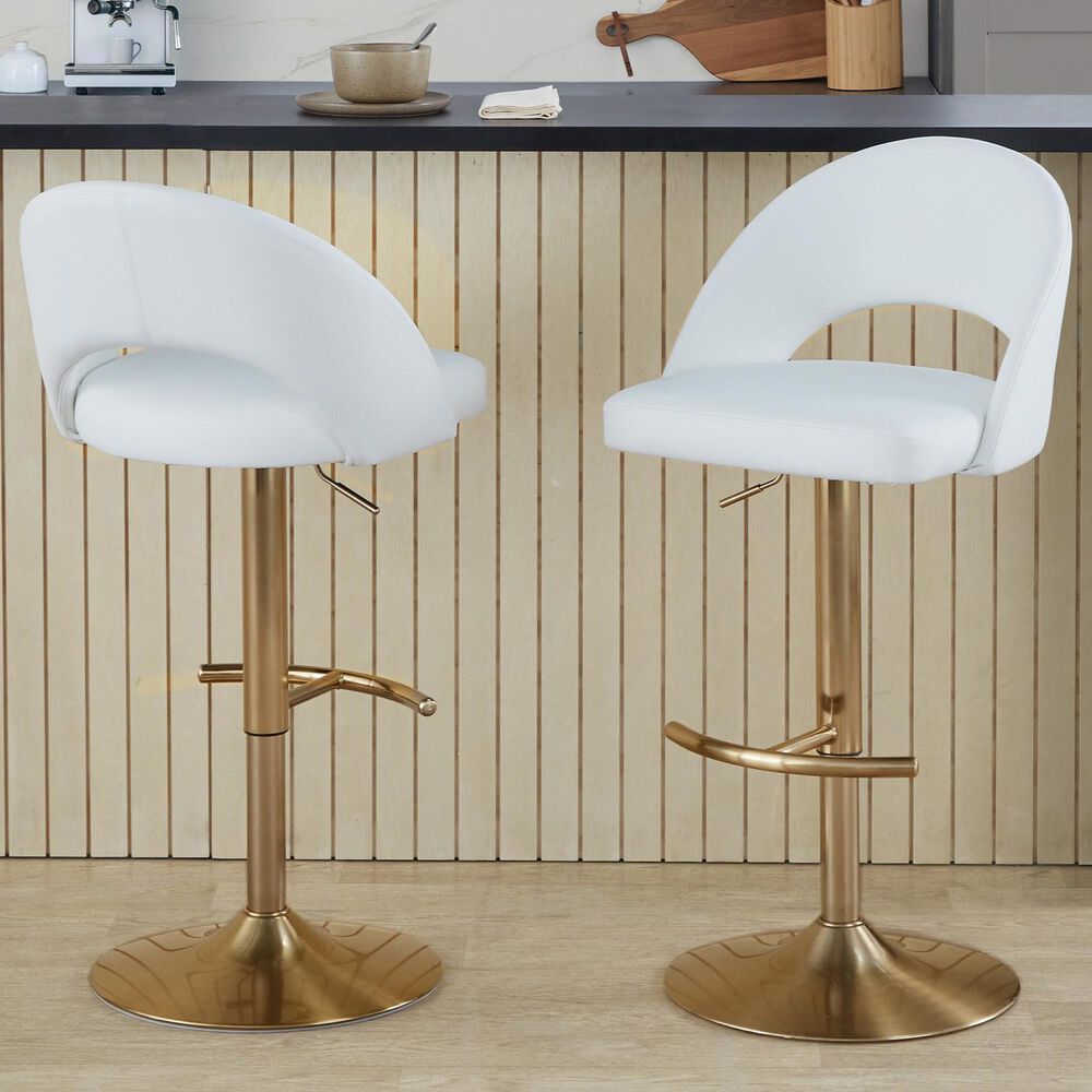 LumiSource Renee Adjustable Swivel Bar Stool with White Faux Leather Upholstery in Gold (Set of 2), , large