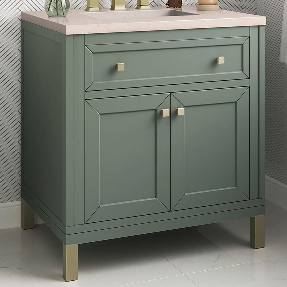 James Martin Vanities Chicago 30&quot; Single Bathroom Vanity in Smokey Celadon with 3 cm Eternal Marfil Quartz Top and Rectangular Sink, , large