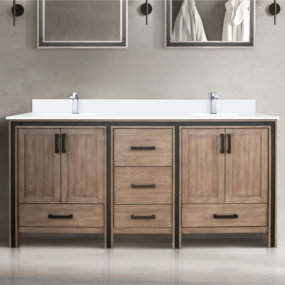 Lexora Home Ziva 72&quot; Double Bathroom Vanity in Rustic Barnwood with 2 cm White Cultured Marble Top and Rectangular Sinks, , large