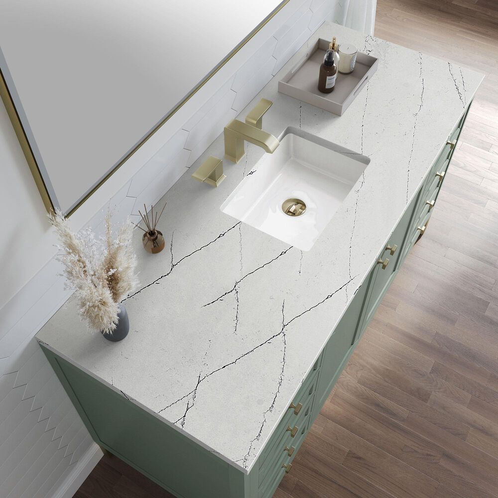 James Martin Vanities Chicago 60" Single Bathroom Vanity in Smokey Celadon with 3 cm Ethereal Noctis Quartz Top, Rectangular Sink and FreePower Wireless Charger, , large
