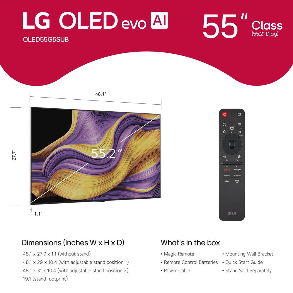 LG 55&quot; Class G5 Series OLED evo AI 4K with Supplied Wall Mount in Black - Smart TV, , large