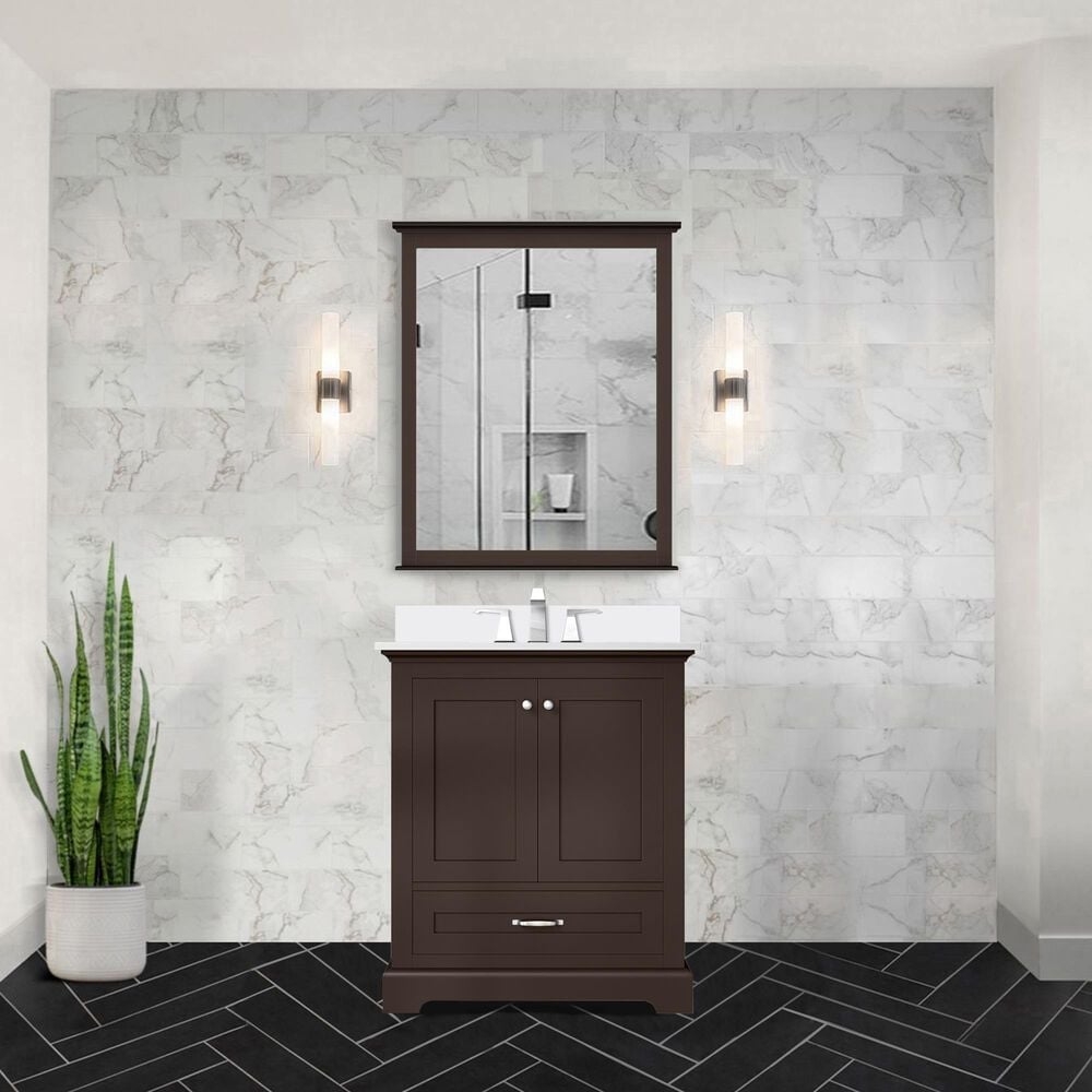 Lexora Home Dukes 30&quot; Single Bathroom Vanity in Espresso with 2 cm White Cultured Marble Top and Rectangular Sink, , large