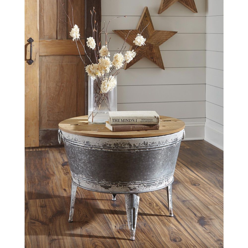 Ashley Shellmond Accent Cocktail Table in Antiqued Galvanized and Light Brown, , large