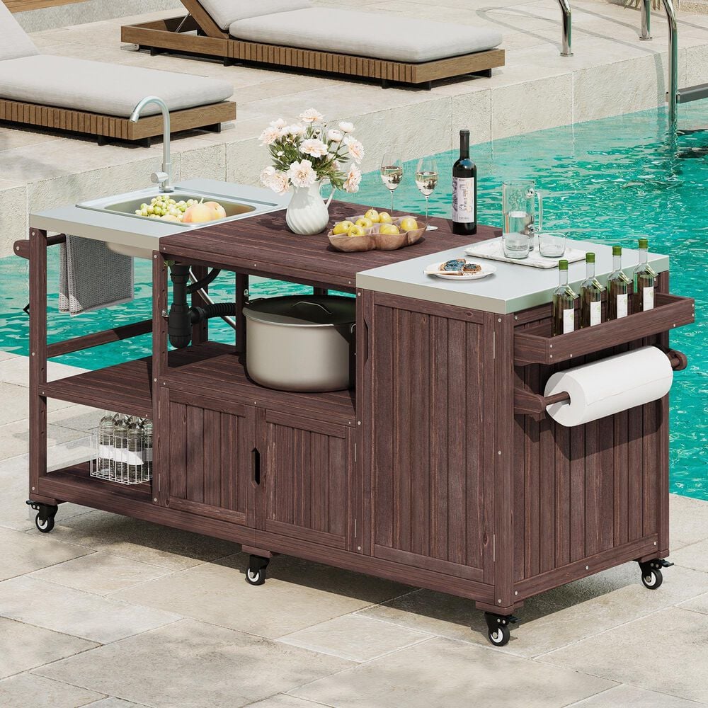 HOMLUX 75.4" Outdoor Kitchen Island with Sink, Solid Wood Outdoor Grill Cart for XL Green Egg Grills, Rolling Outdoor Bar Cart with Stainless Steel Top, for Pizza Prep &amp; BBQ, Brown, , large