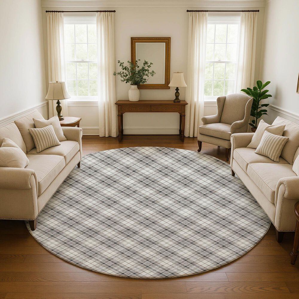 Dalyn Rug Company Soft Essentials Plaid Putty 8' Round Indoor/Outdoor Area Rug, , large