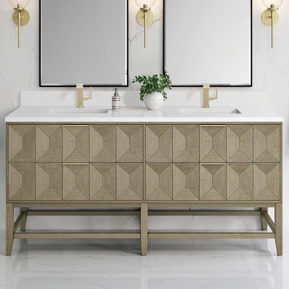 James Martin Vanities Emmeline 72" Double Bathroom Vanity in Pebble Oak with Single Hole 3 cm White Zeus Quartz Top and Rectangular Sinks, , large