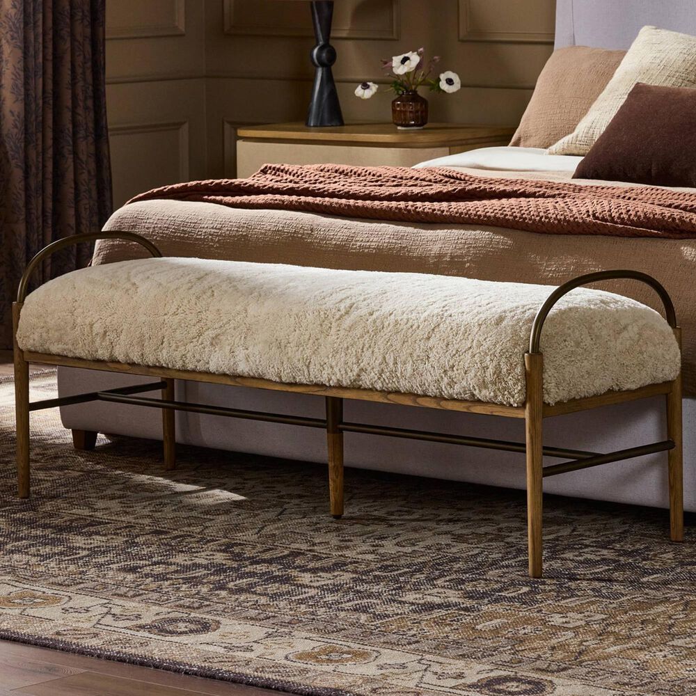 Four Hands Demi Accent Bench in Beige Shearling, , large