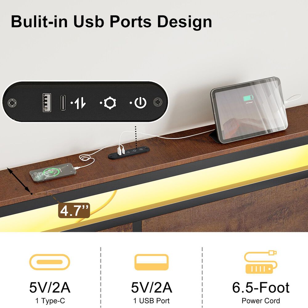HOMLUX 4-Drawer Queen Storage Bed with LED Headboard in Rustic Brown, , large