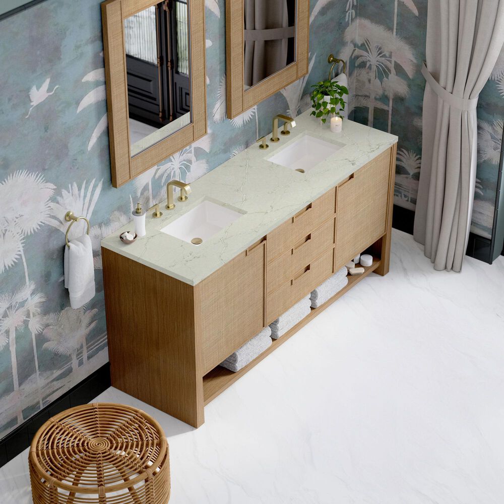 James Martin Solene 72&quot; Double Bathroom Vanity in Seaside Oak with 3 cm Ethereal Noctis Quartz Top, Rectangular Sinks and FreePower Wireless Charger, , large