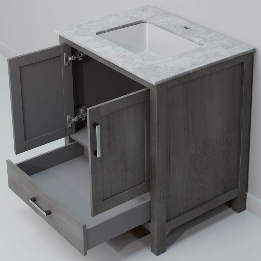 Lexora Home Jacques 30" Single Bathroom Vanity in Distressed Grey with 2 cm White Carrara Marble Top and Rectangular Sink, , large
