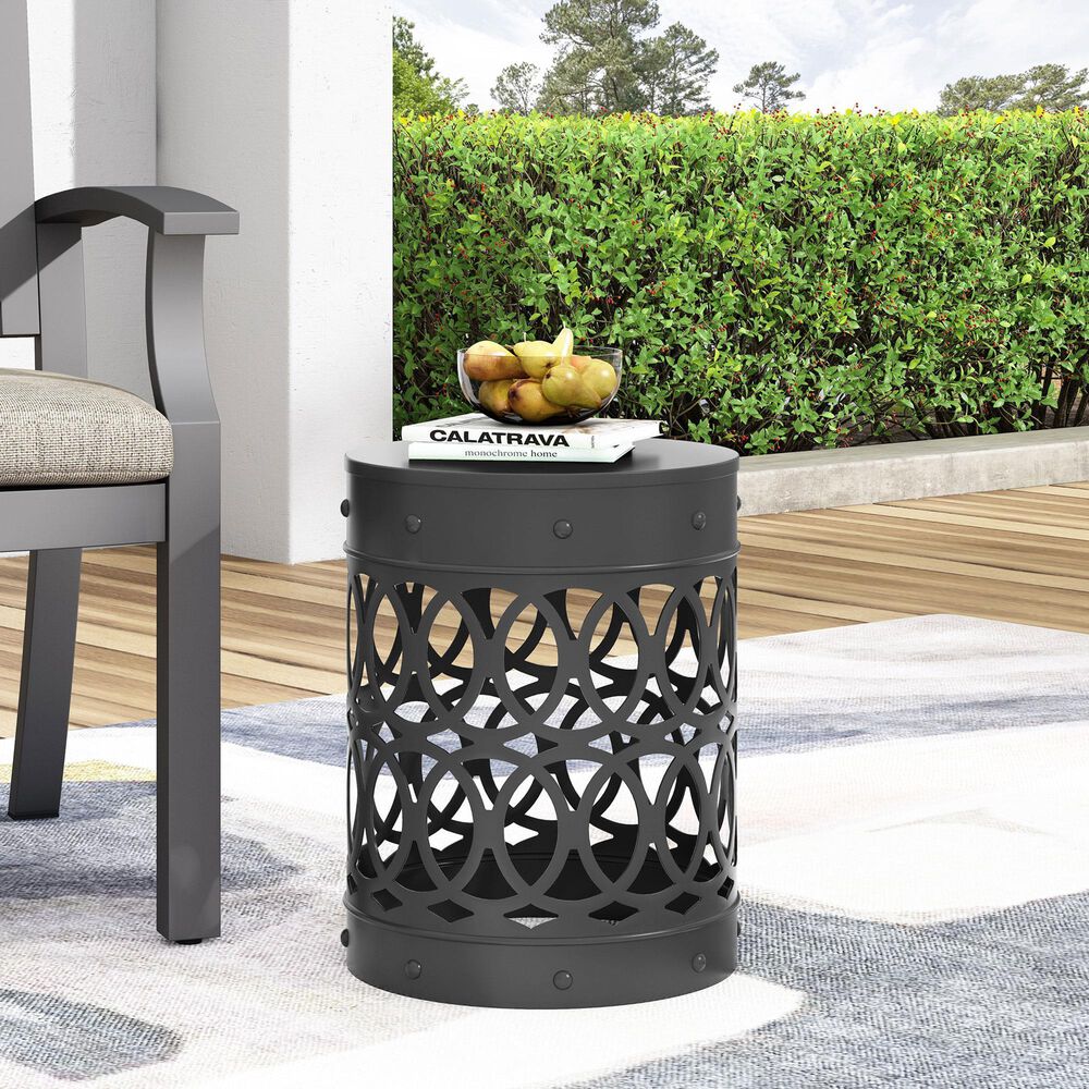 Hearth and Haven Large Cylindrical-Shaped Iron Patio End Table in Black, , large
