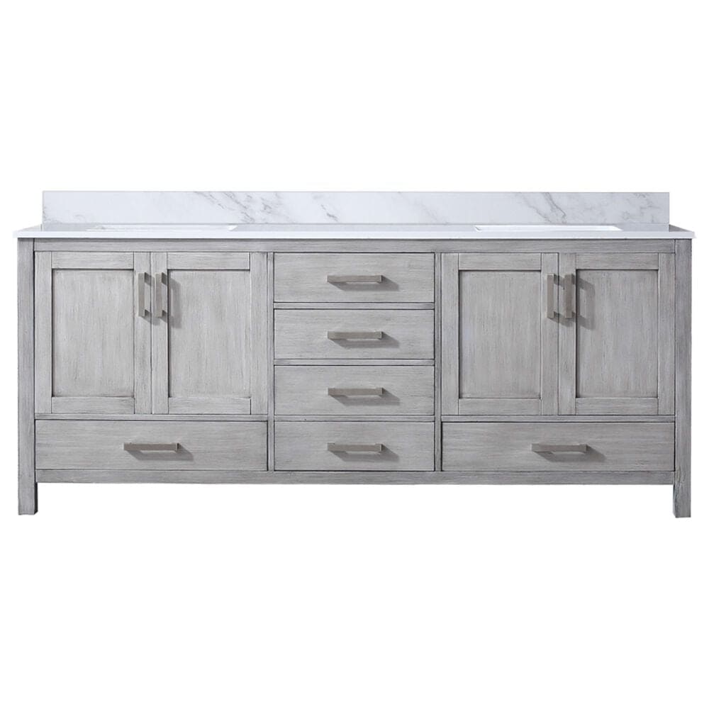 Lexora Home Jacques 80" Double Bathroom Vanity in Distressed Grey with 2 cm White Carrara Marble Top and Rectangular Sinks, , large