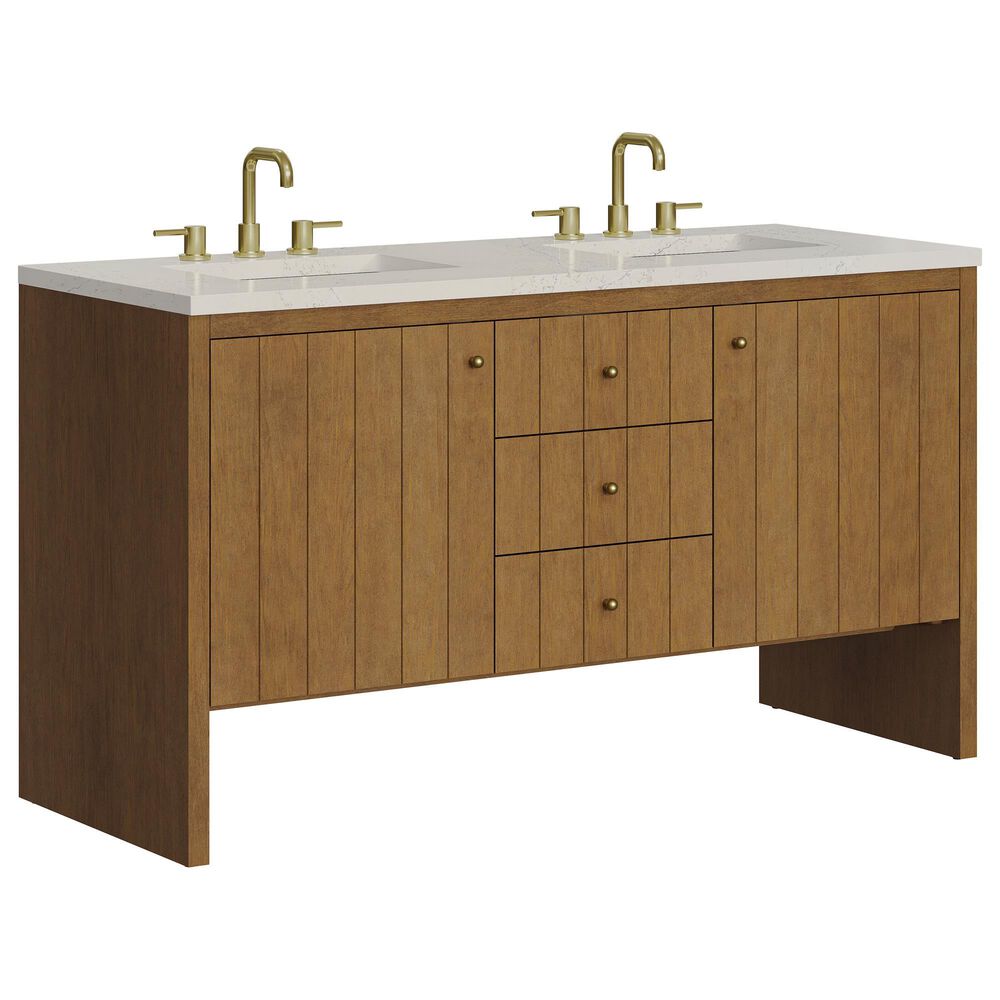 James Martin Hudson 60" Double Bathroom Vanity in Honey Oak with 3 cm Siberian Silestone Top and Rectangular Sinks, , large