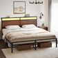 HOMLUX Industrial King Platform Bed with LED Headboard and Charging Station in Rustic Brown, , large