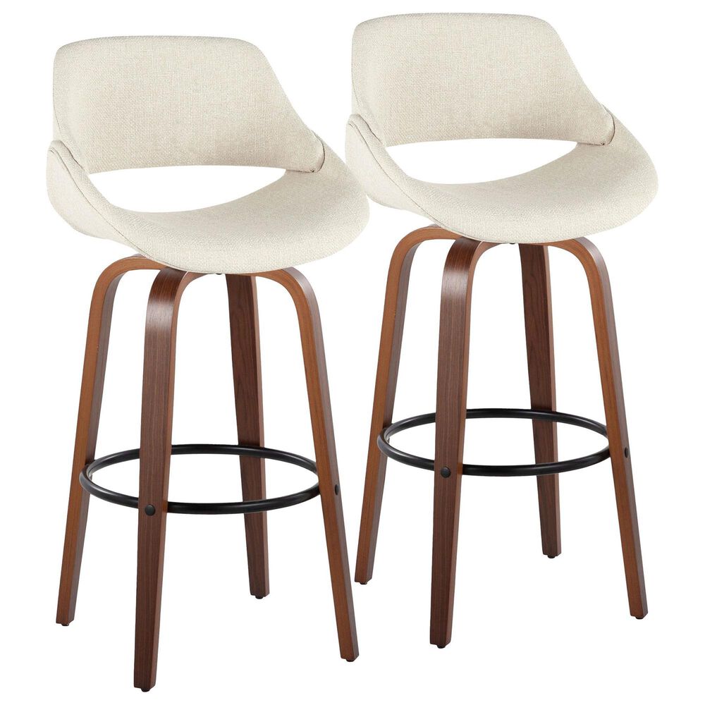 LumiSource Fabrico 30" Swivel Fixed-Height Bar Stool with Cream Noise Fabric Upholstery in Black and Walnut (Set of 2), , large
