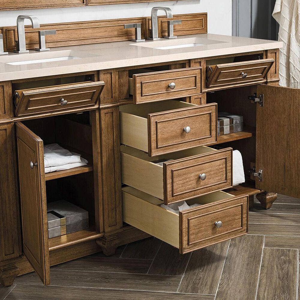 James Martin Vanities Bristol 60&quot; Double Bathroom Vanity in Saddle Brown with 3 cm Eternal Marfil Quartz Top and Rectangular Sinks, , large