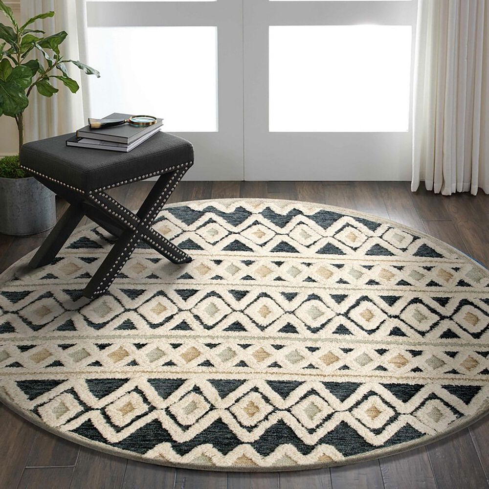 L&amp;R Resources Sinuous Geometric Diamonds 4&#39; Round Blue and Cream Area Rug, , large