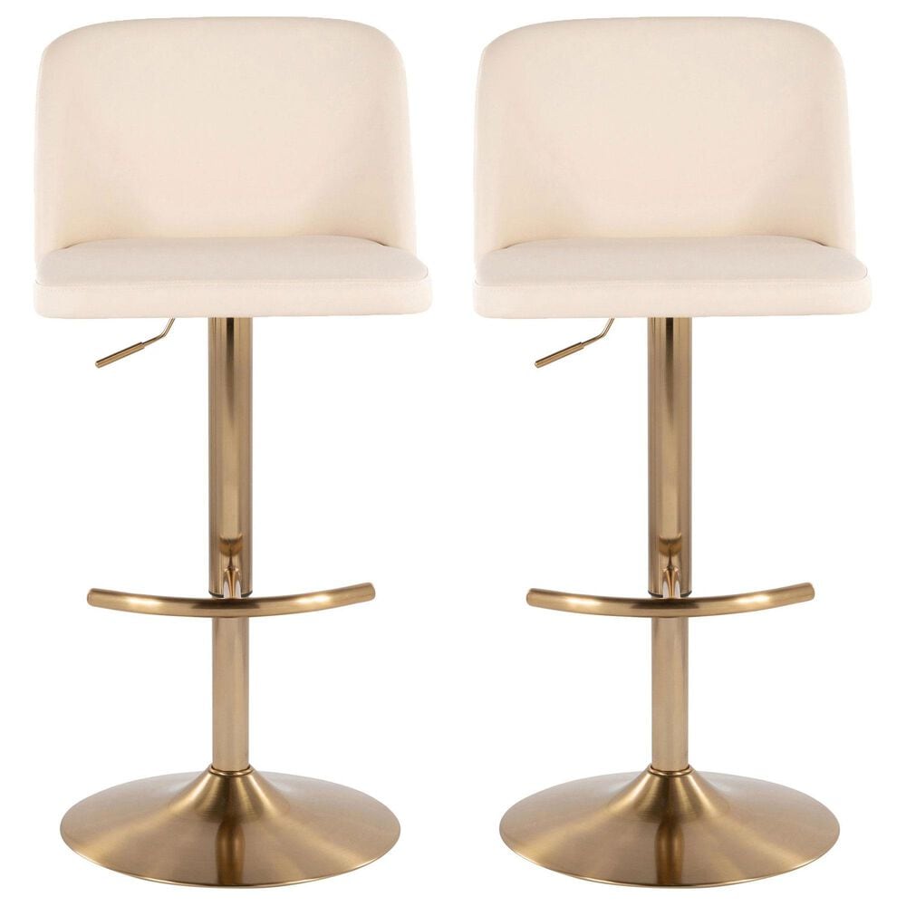 LumiSource Toriano Swivel Adjustable Bar Stool with Cream Faux Leather Upholstery in Gold (Set of 2), , large