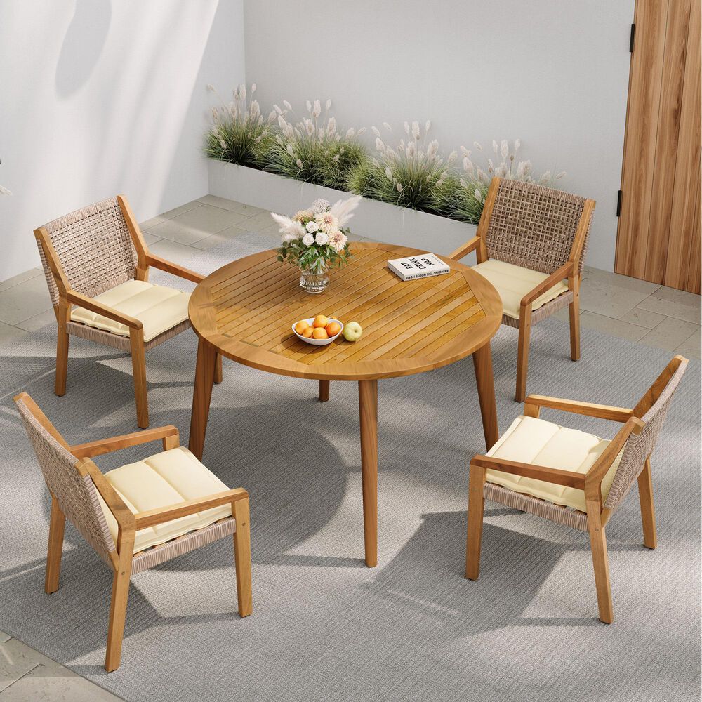 Hearth and Haven 5-Piece Outdoor Round Dining Set with Cream Cushion in Brown Mix, , large