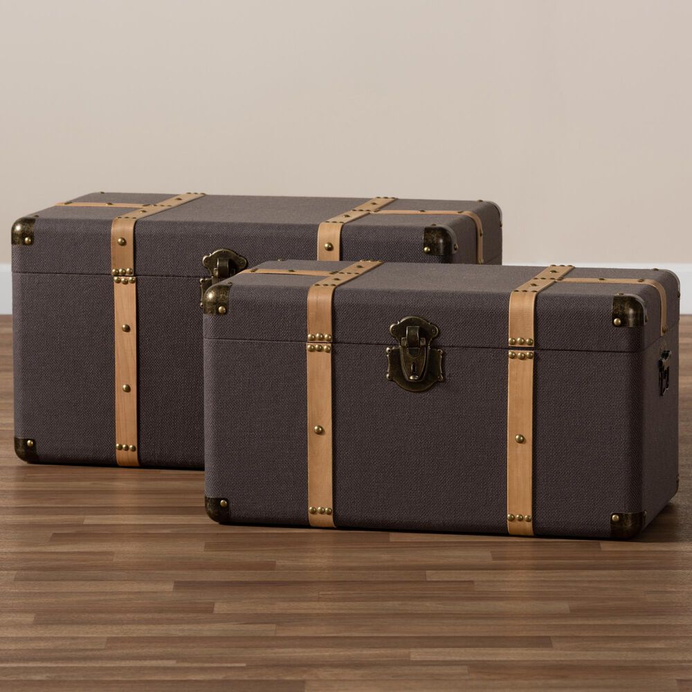 Baxton Studio Stephen 2-Piece Storage Trunk Set in Dark Brown/Oak Brown, , large