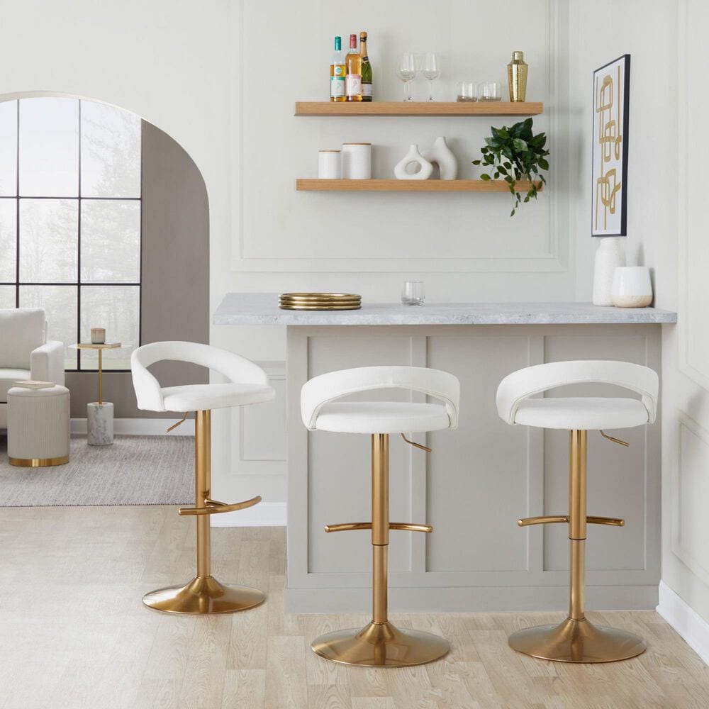 LumiSource Grotto Adjustable Bar Stool with White Velvet Upholstery in Gold (Set of 2), , large