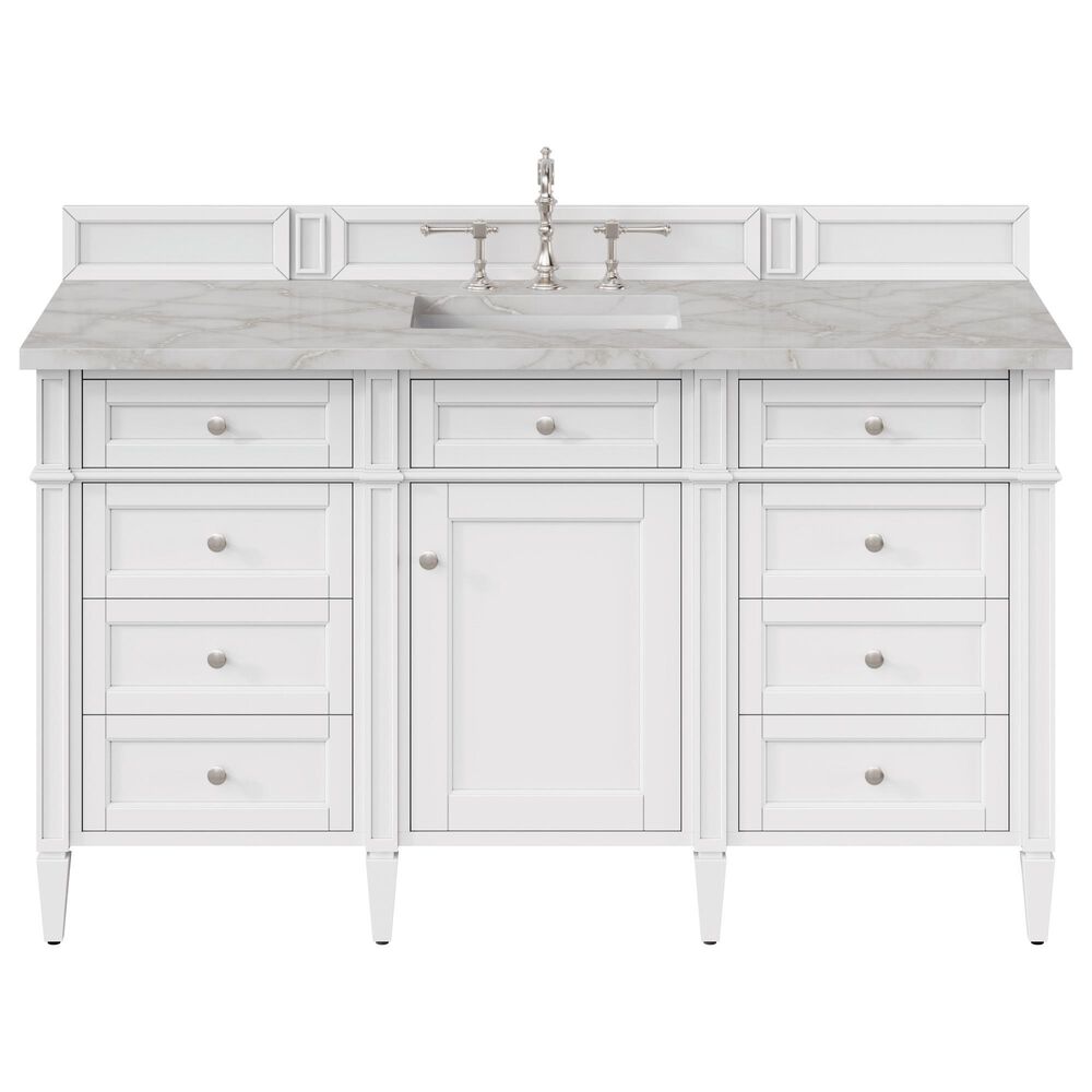 James Martin Vanities Brittany 60" Single Bathroom Vanity in Bright White with 3 cm Eternal Jasmine Pearl Silestone Top, Rectangular Sink and FreePower Wireless Charger, , large