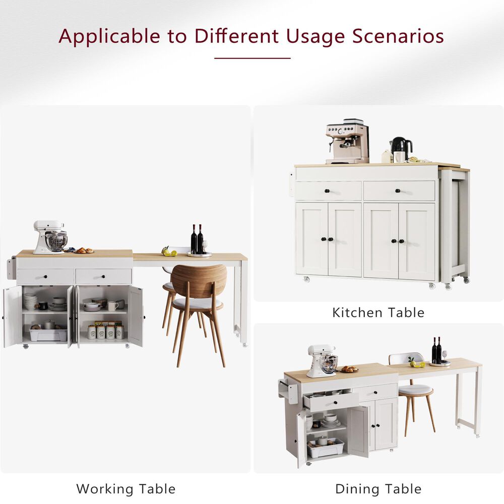 HOMLUX 75" Kitchen Island with Extendable Dining Table in White, , large