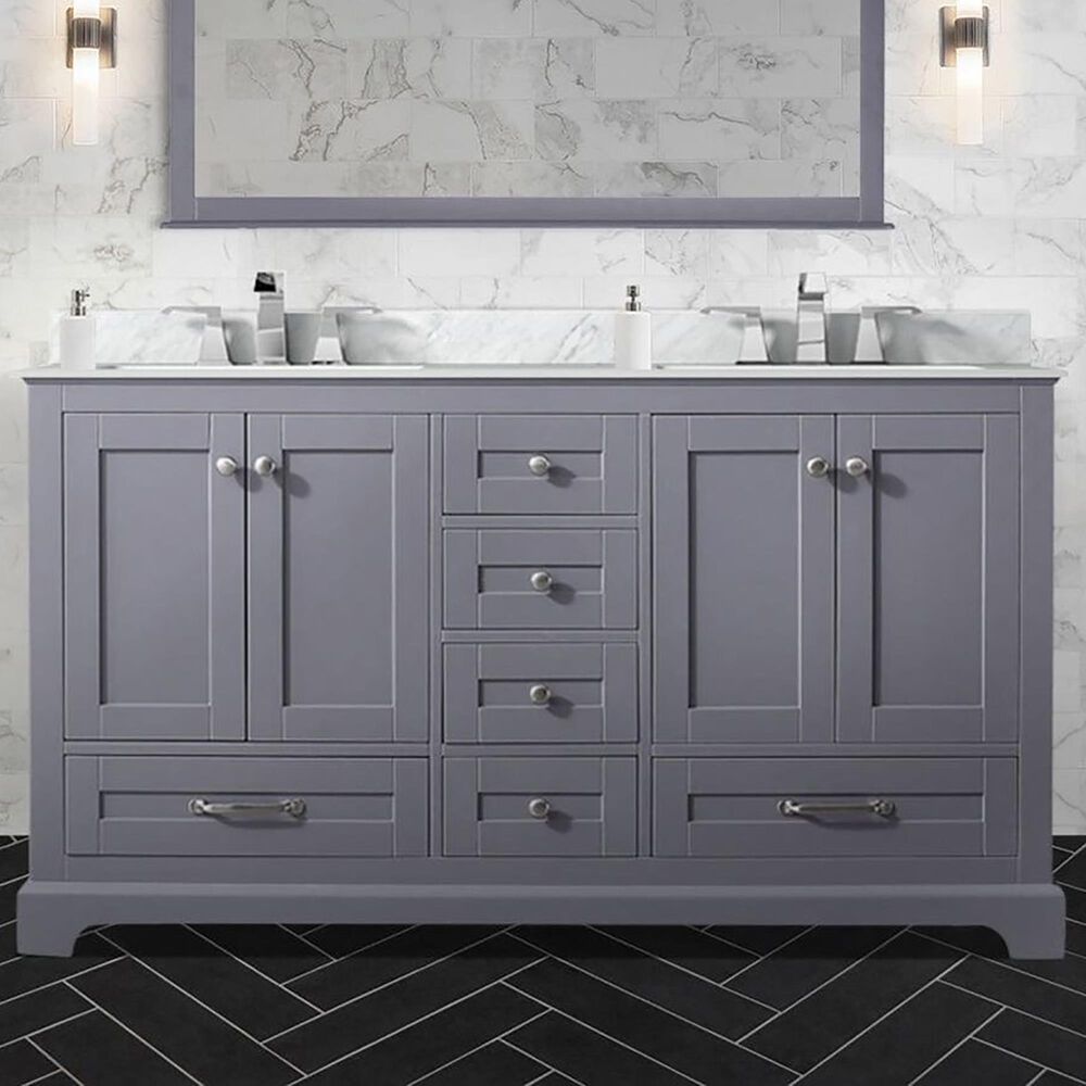 Lexora Home Dukes 60&quot; Double Bathroom Vanity in Dark Grey with White Carrara Marble Top and Rectangular Sinks, , large