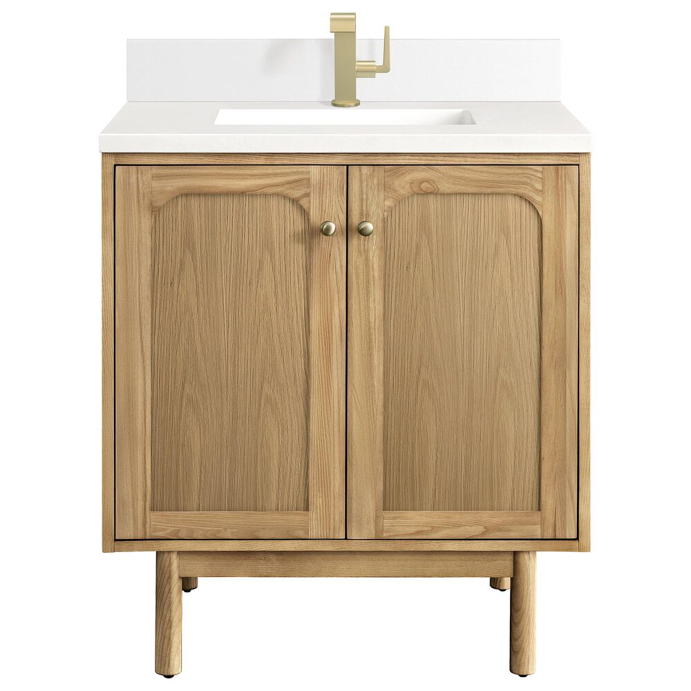 James Martin Vanities Laurent 30" Single Bathroom Vanity in Light Natural Oak with Single Hole 3 cm White Zeus Quartz Top and Rectangular Sink, , large