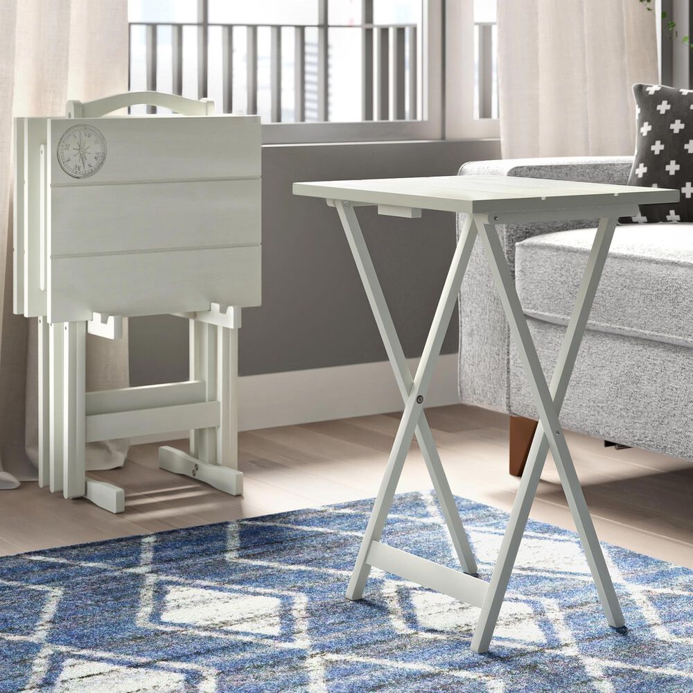Linon Home Decor Compass Folding TV Tray Table Set with Stand in Light Gray (Set of 4), , large