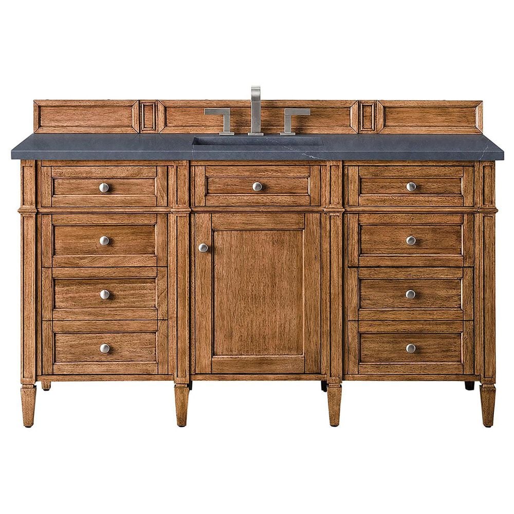 James Martin Vanities Brittany 60" Single Bathroom Vanity in Saddle Brown with 3 cm Charcoal Soapstone Quartz Top and Rectangular Sink, , large