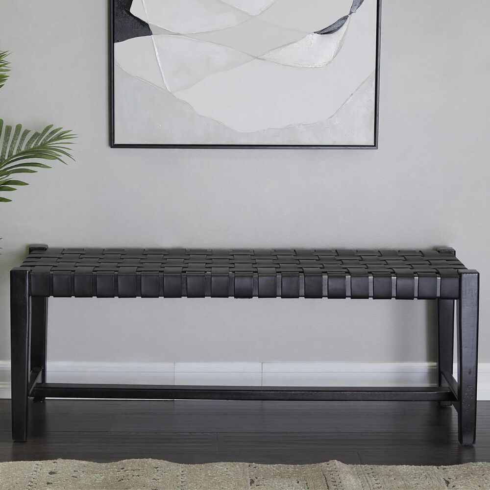 Maple and Jade 47&quot; Leather Handmade Woven Bench in Black, , large