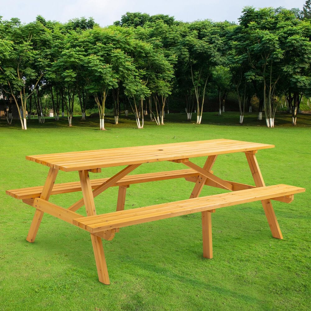 Hearth and Haven Outdoor Wood Picnic Table with 2 Built-in Benches and Umbrella Hole in Brown, , large