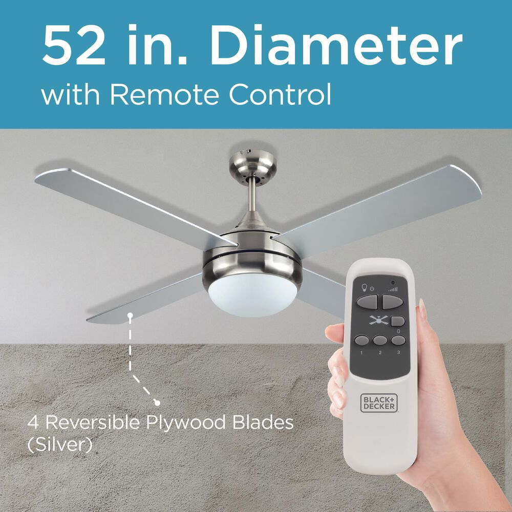 Black+Decker 52&quot; 4-Blade Standard Ceiling Fan with Light and Remote Control in Brushed Nickle and Silver, , large
