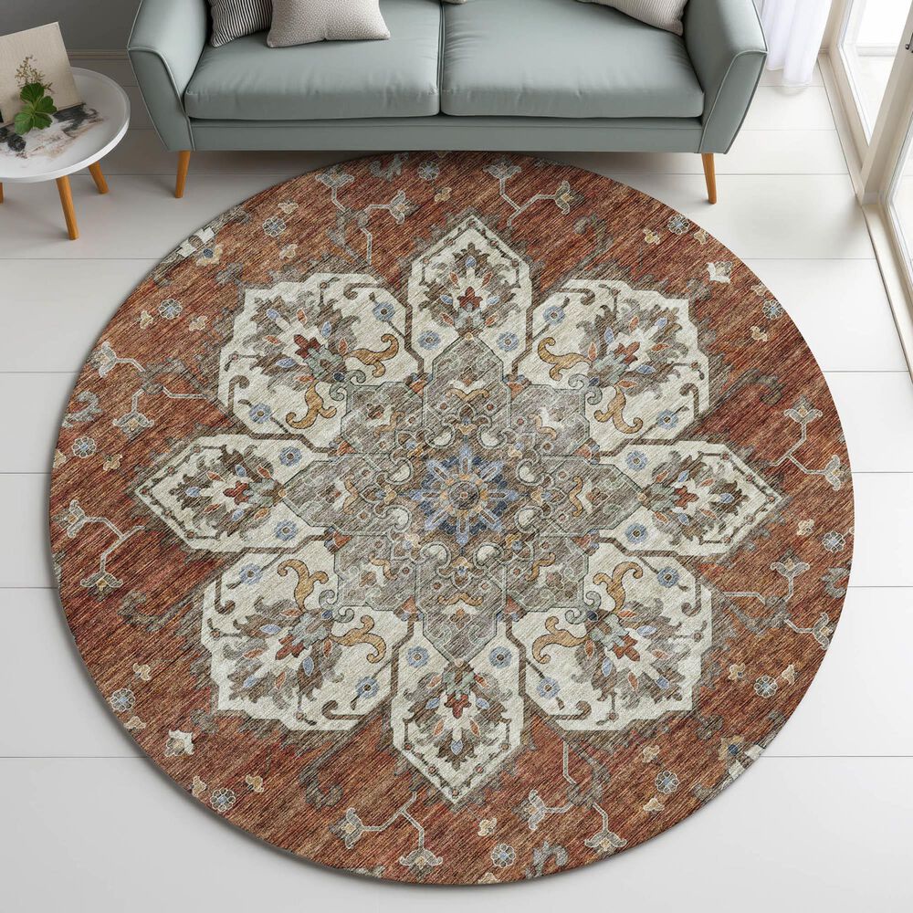 Dalyn Rug Company Silk Road Paprika, Ivory, Beige, Gold, Brown, Gray and Teal 8&#39; Round Area Rug, , large