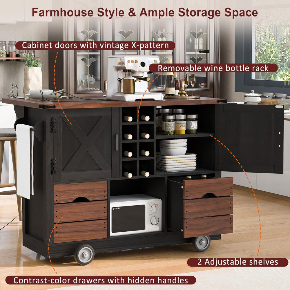 HOMLUX 54" Kitchen Island with Drop Leaf in Black, , large