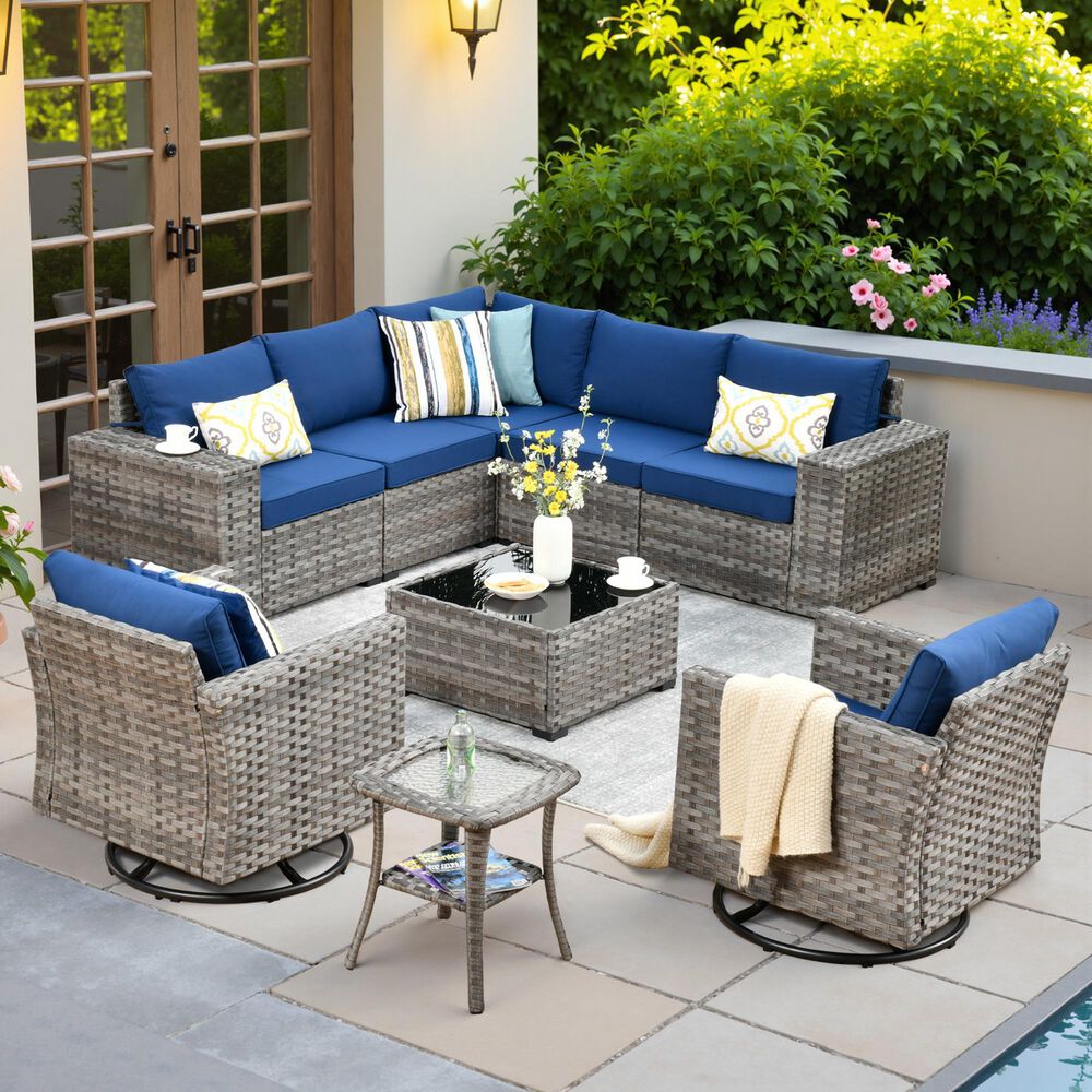 HOMLUX 9-Piece Wicker Sectional Patio Furniture Set in Navy Blue, , large