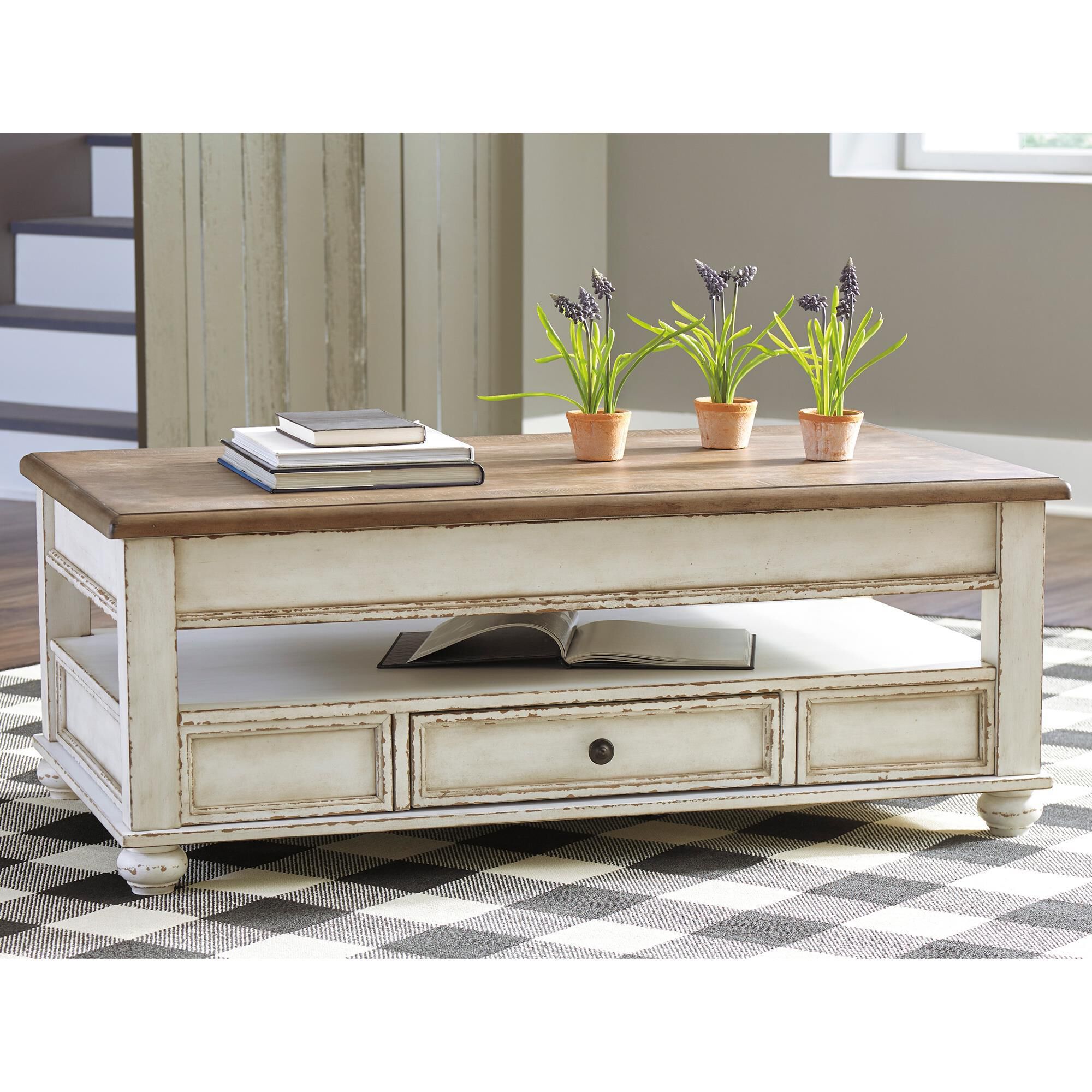 Ashley Realyn Lift Top Cocktail Table in White and Brown
