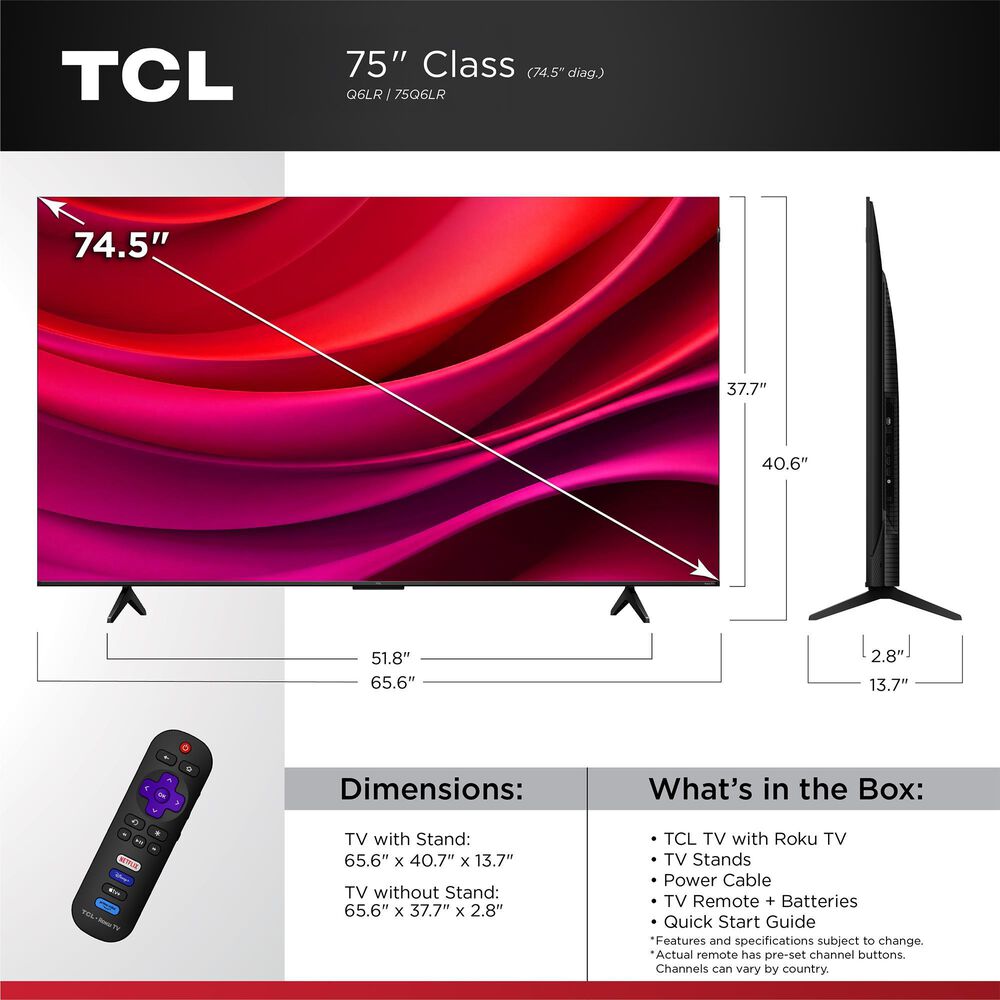 TCL 75" Class Q6LR Series 4K QLED Smart TV with Roku TV, , large