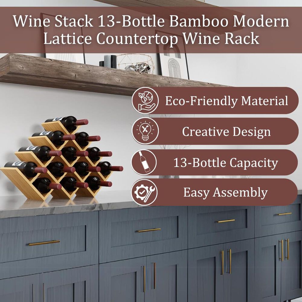HOMLUX Modern Lattice 13-Bottle Bamboo Countertop Wine Rack in Natural, , large