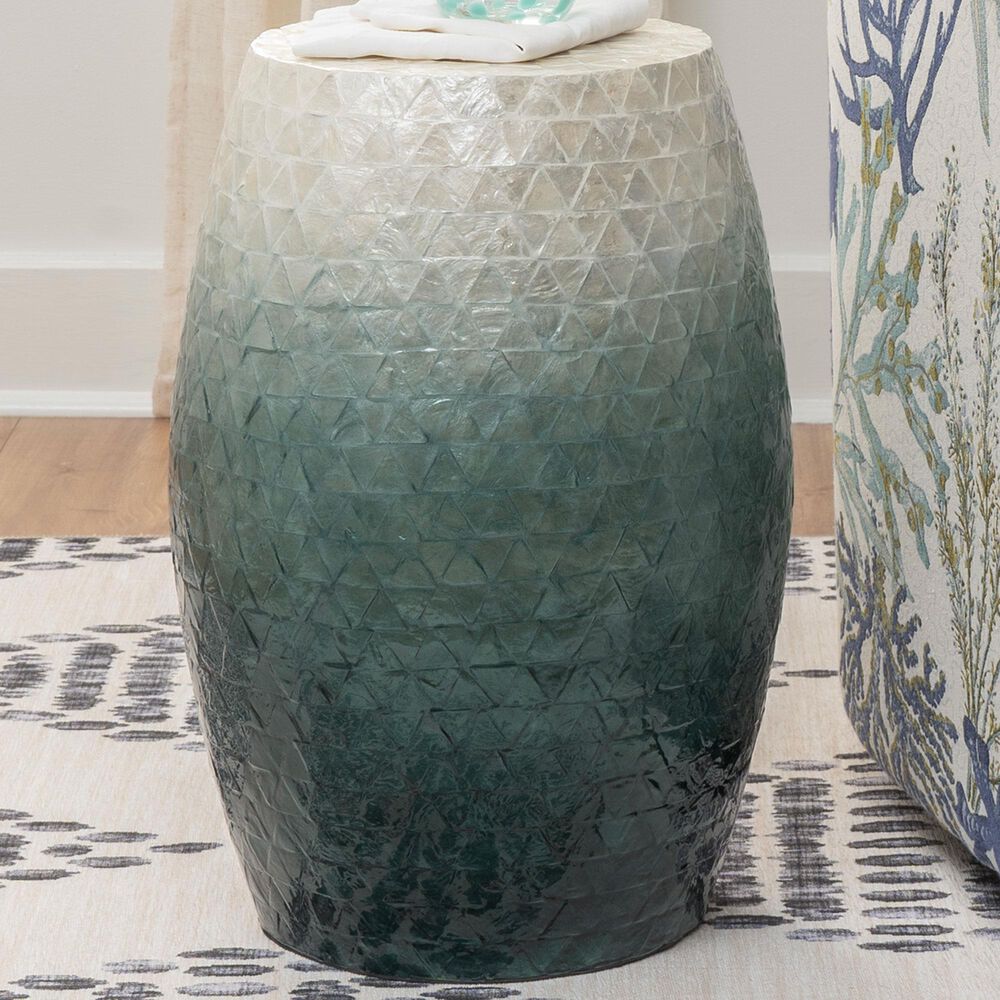 Linon Home Decor Prianna Drum End Table with Ombre Capiz in Blue and White, , large