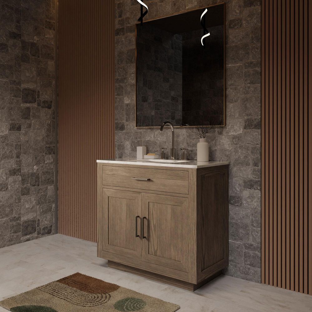 Lexora Home Abbey 36" Single Bathroom Vanity in Grey Oak with 2 cm White Carrara Marble Top and Rectangular Sink, , large