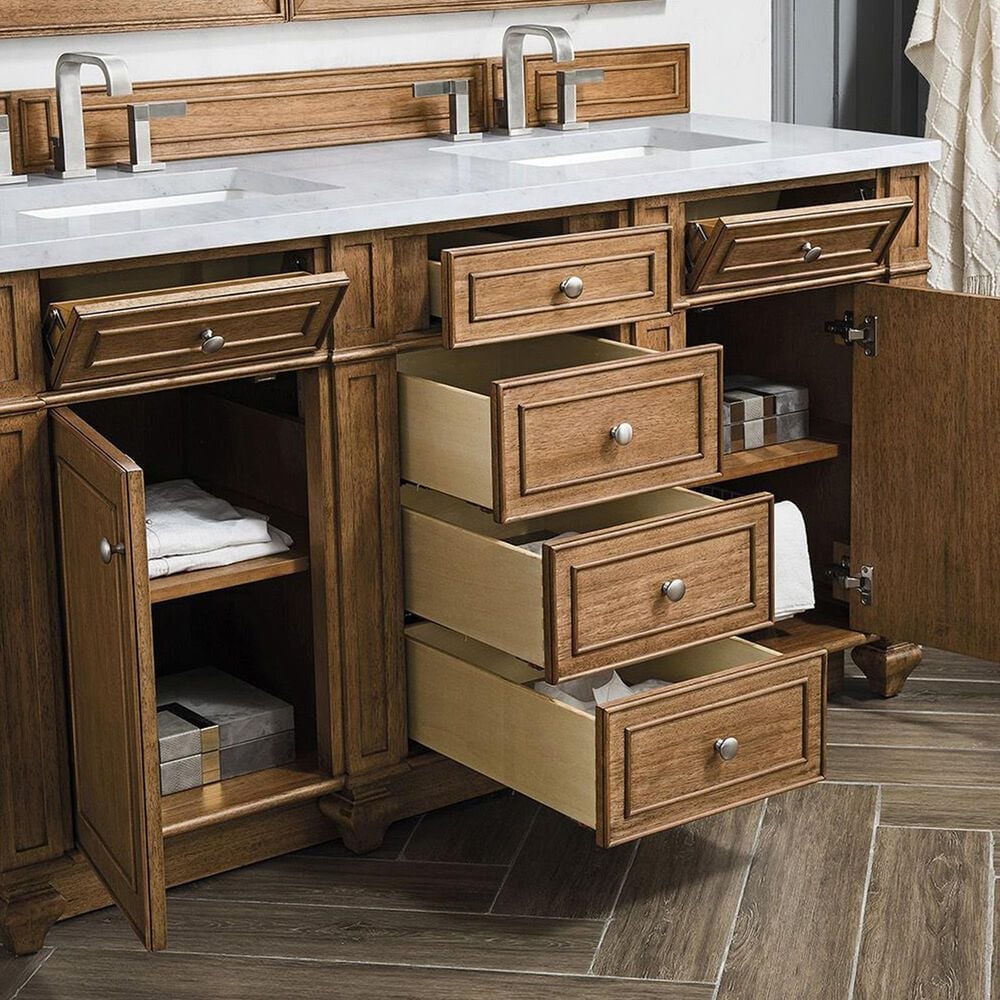 James Martin Vanities Bristol 60&quot; Double Bathroom Vanity in Saddle Brown with 3 cm Eternal Jasmine Pearl Quartz Top and Rectangular Sinks, , large
