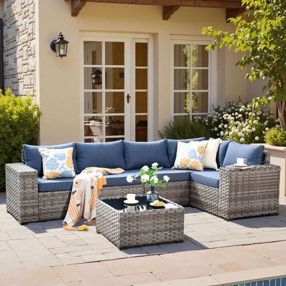 HOMLUX 6 Piece Outdoor Wicker Sectional Patio Furniture Set in Denim Blue, , large