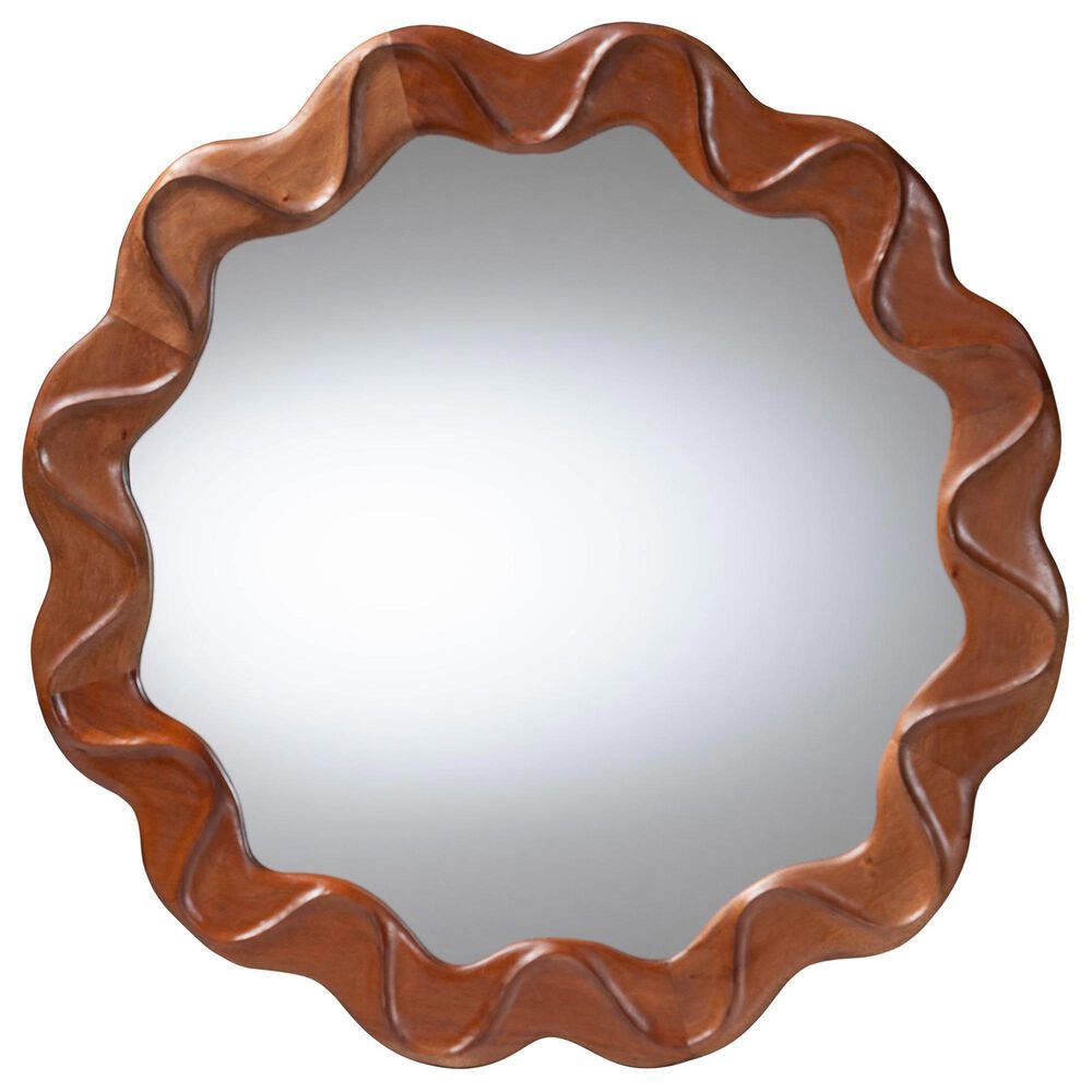 Baxton Studio Bahati Sculpted Wavy Round Wall Mirror in Mahogany Brown, , large